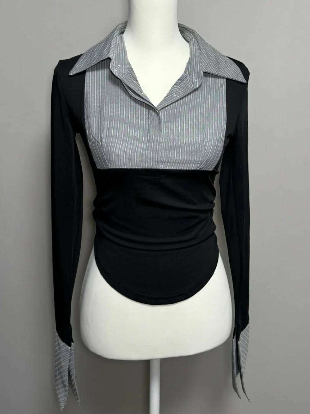 Black and Gray Sharah Long Sleeve Collared Top XL